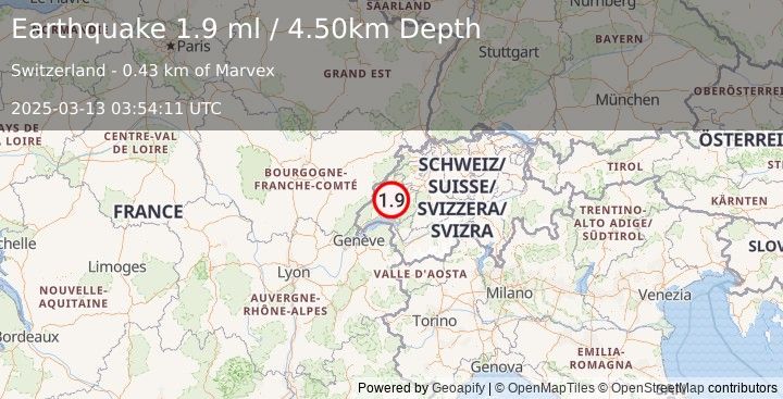 Earthquake SWITZERLAND (1.9 ml) (2025-03-13 03:54:11 UTC)