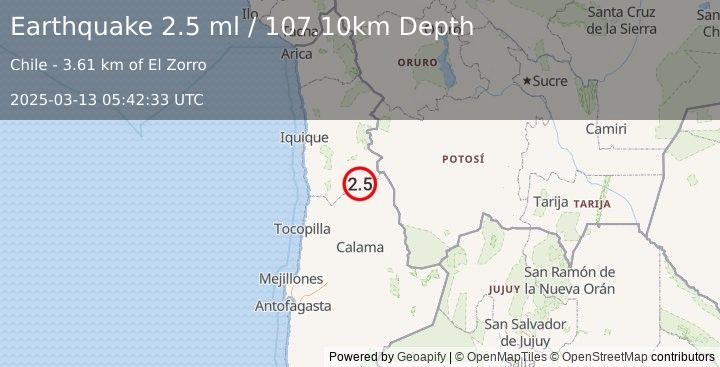 Earthquake TARAPACA, CHILE (2.5 ml) (2025-03-13 05:42:33 UTC)