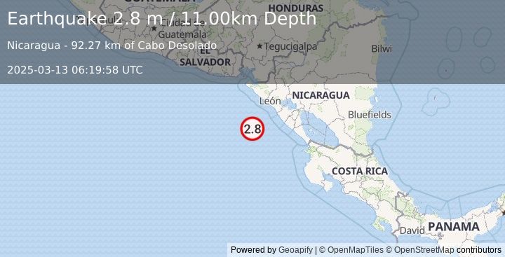 Earthquake NEAR COAST OF NICARAGUA (2.8 m) (2025-03-13 06:19:58 UTC)