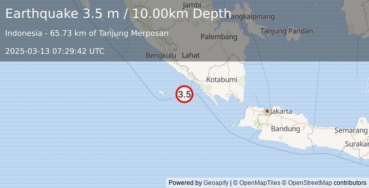 Earthquake SOUTHERN SUMATRA, INDONESIA (3.5 m) (2025-03-13 07:29:42 UTC)