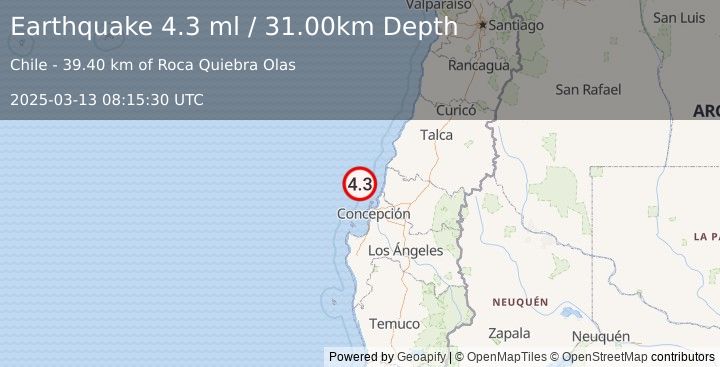 Earthquake OFFSHORE BIO-BIO, CHILE (4.3 ml) (2025-03-13 08:15:30 UTC)