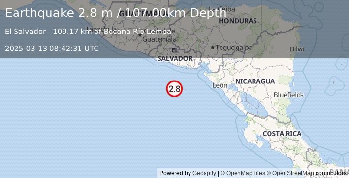 Earthquake OFF THE COAST OF EL SALVADOR (2.8 m) (2025-03-13 08:42:31 UTC)