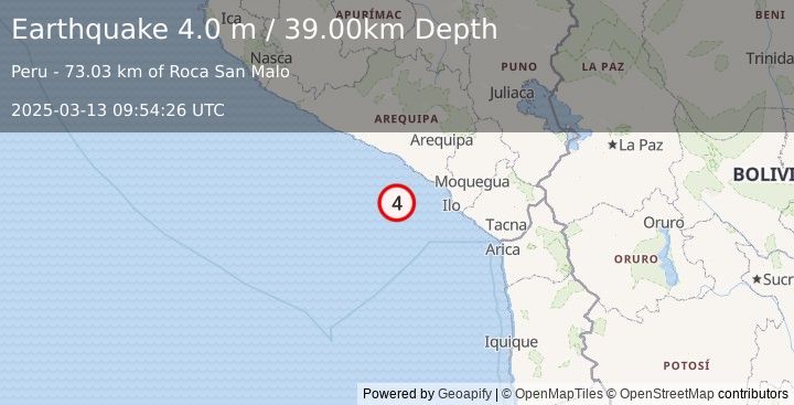 Earthquake NEAR COAST OF SOUTHERN PERU (4.0 m) (2025-03-13 09:54:26 UTC)