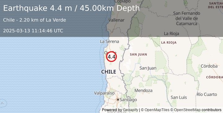 Earthquake COQUIMBO, CHILE (4.4 m) (2025-03-13 11:14:46 UTC)