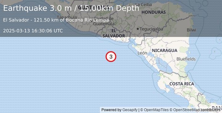 Earthquake OFF THE COAST OF EL SALVADOR (3.0 m) (2025-03-13 16:30:06 UTC)