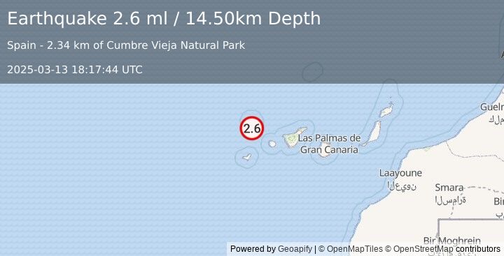 Earthquake CANARY ISLANDS, SPAIN REGION (2.6 ml) (2025-03-13 18:17:44 UTC)