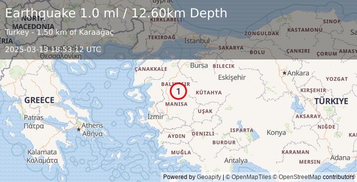 Earthquake WESTERN TURKEY (1.0 ml) (2025-03-13 18:53:12 UTC)