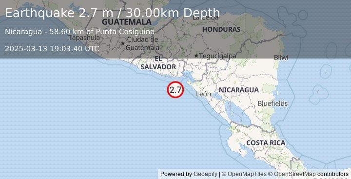 Earthquake OFFSHORE EL SALVADOR (2.7 m) (2025-03-13 19:03:40 UTC)