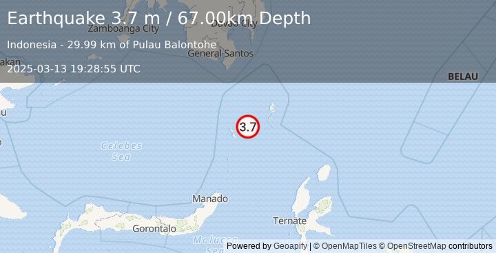 Earthquake KEPULAUAN TALAUD, INDONESIA (3.7 m) (2025-03-13 19:28:55 UTC)