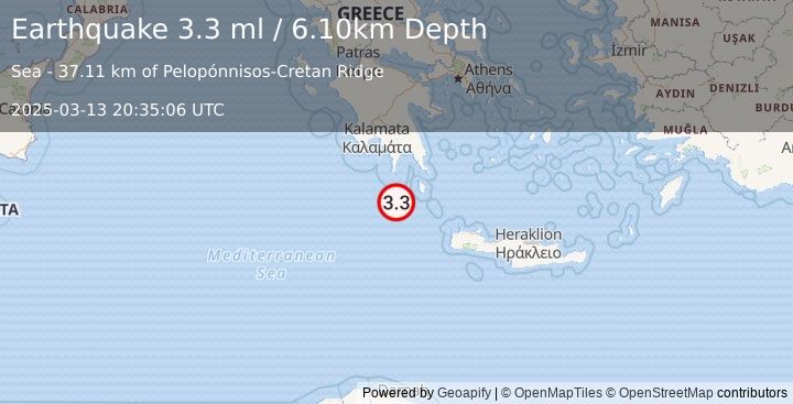 Earthquake SOUTHERN GREECE (3.3 ml) (2025-03-13 20:35:06 UTC)