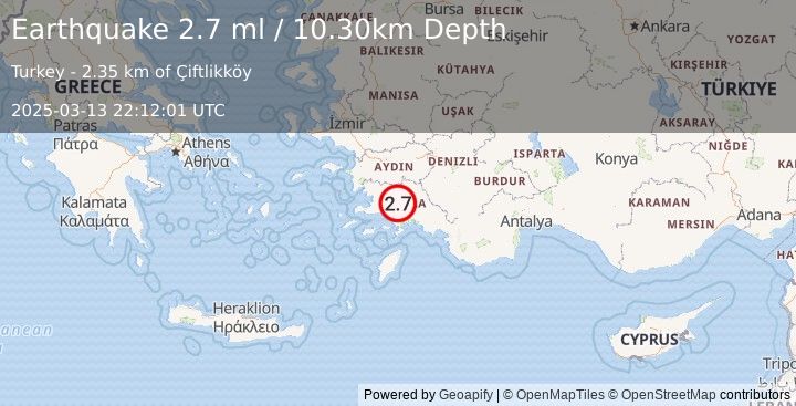 Earthquake WESTERN TURKEY (2.7 ml) (2025-03-13 22:12:01 UTC)