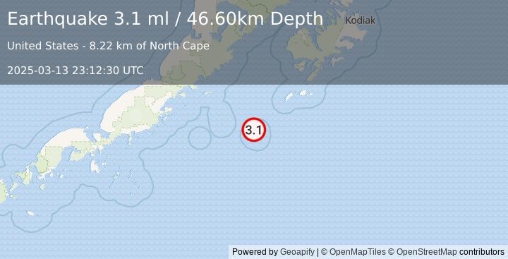 Earthquake SOUTH OF ALASKA (3.1 ml) (2025-03-13 23:12:30 UTC)