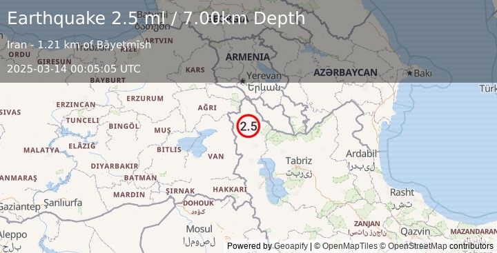 Earthquake TURKEY-IRAN BORDER REGION (2.5 ml) (2025-03-14 00:05:05 UTC)