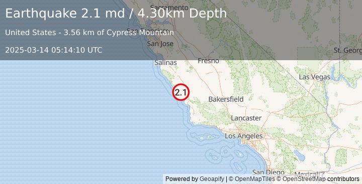 Earthquake CENTRAL CALIFORNIA (2.1 md) (2025-03-14 05:14:10 UTC)