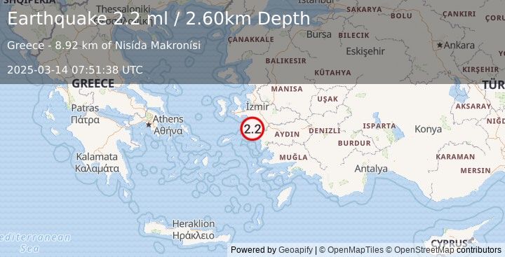 Earthquake DODECANESE ISLANDS, GREECE (2.2 ml) (2025-03-14 07:51:38 UTC)