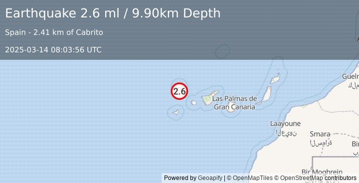 Earthquake CANARY ISLANDS, SPAIN REGION (2.6 ml) (2025-03-14 08:03:56 UTC)