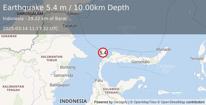 Earthquake MINAHASA, SULAWESI, INDONESIA (5.5 mw) (2025-03-14 11:13:33 UTC)