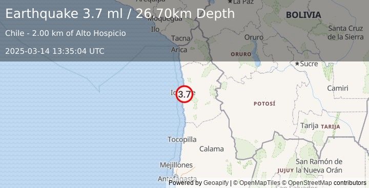 Earthquake TARAPACA, CHILE (3.7 ml) (2025-03-14 13:35:04 UTC)