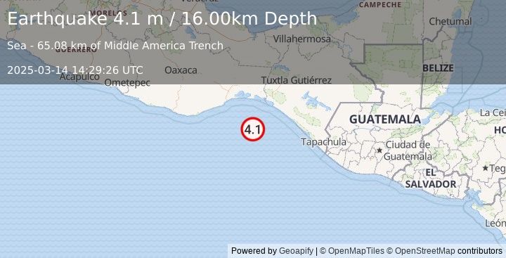 Earthquake OFFSHORE CHIAPAS, MEXICO (4.1 m) (2025-03-14 14:29:26 UTC)