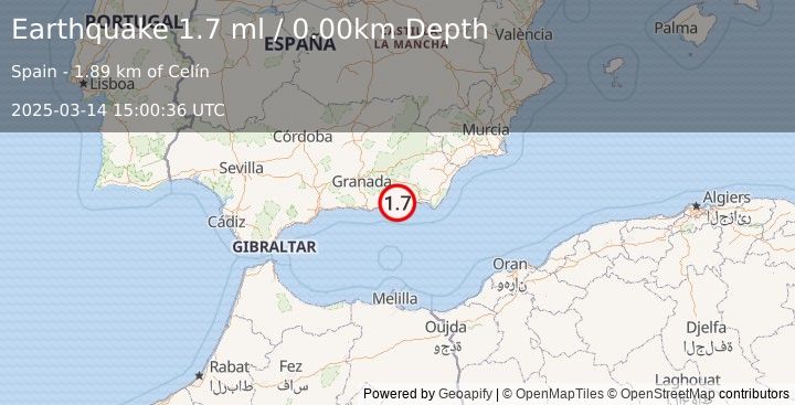 Earthquake STRAIT OF GIBRALTAR (1.7 ml) (2025-03-14 15:00:36 UTC)