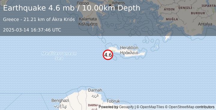 Earthquake CRETE, GREECE (4.6 mb) (2025-03-14 16:37:46 UTC)