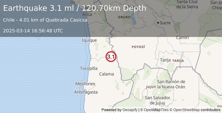 Earthquake ANTOFAGASTA, CHILE (3.1 ml) (2025-03-14 16:56:48 UTC)