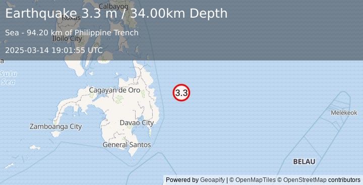 Earthquake PHILIPPINE ISLANDS REGION (3.3 m) (2025-03-14 19:01:55 UTC)