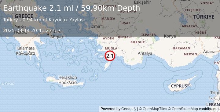 Earthquake DODECANESE IS.-TURKEY BORDER REG (2.1 ml) (2025-03-14 20:41:23 UTC)