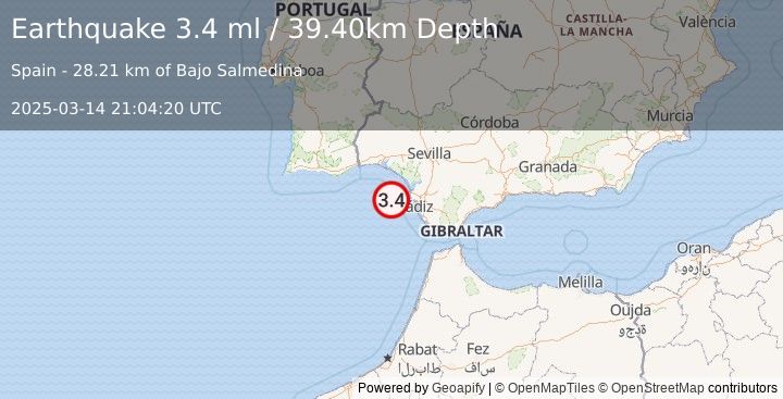 Earthquake STRAIT OF GIBRALTAR (3.4 ml) (2025-03-14 21:04:20 UTC)