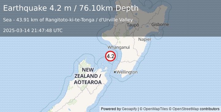 Earthquake COOK STRAIT, NEW ZEALAND (4.2 m) (2025-03-14 21:47:48 UTC)