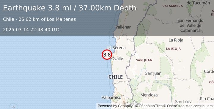 Earthquake OFFSHORE COQUIMBO, CHILE (3.8 ml) (2025-03-14 22:48:40 UTC)