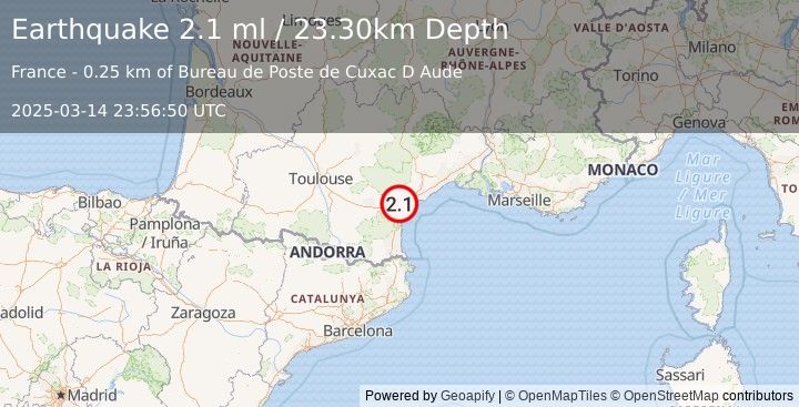 Earthquake NEAR SOUTH COAST OF FRANCE (2.1 ml) (2025-03-14 23:56:50 UTC)