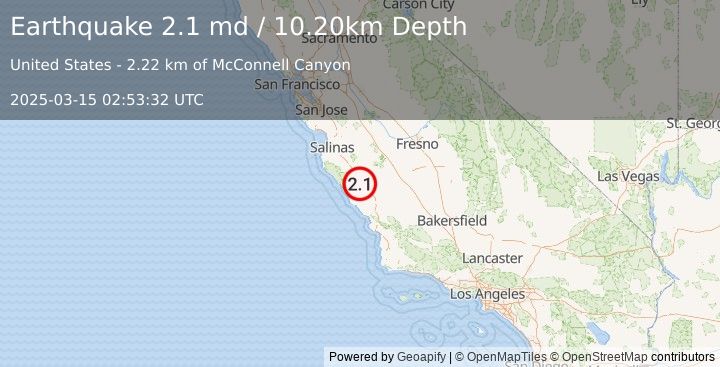 Earthquake CENTRAL CALIFORNIA (2.1 md) (2025-03-15 02:53:32 UTC)