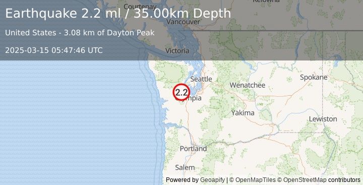 Earthquake OLYMPIC PENINSULA, WASHINGTON (2.2 ml) (2025-03-15 05:47:46 UTC)