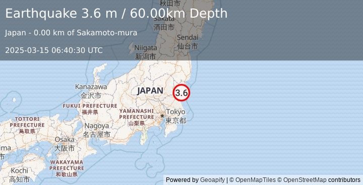 Earthquake NEAR EAST COAST OF HONSHU, JAPAN (3.6 m) (2025-03-15 06:40:30 UTC)