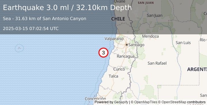 Earthquake OFFSHORE O'HIGGINS, CHILE (3.0 ml) (2025-03-15 07:02:54 UTC)