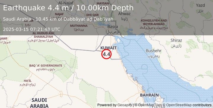 Earthquake KUWAIT-SAUDI ARABIA BORDER REG (4.4 m) (2025-03-15 07:21:50 UTC)