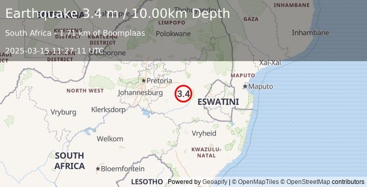 Earthquake SOUTH AFRICA (3.4 m) (2025-03-15 11:27:11 UTC)