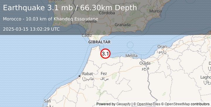 Earthquake STRAIT OF GIBRALTAR (3.1 mb) (2025-03-15 13:02:29 UTC)