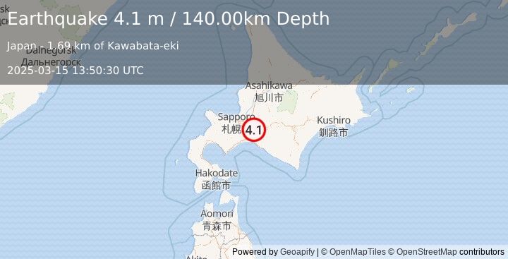 Earthquake HOKKAIDO, JAPAN REGION (4.1 m) (2025-03-15 13:50:30 UTC)