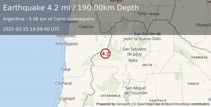 Earthquake SALTA, ARGENTINA (4.2 ml) (2025-03-15 14:09:40 UTC)