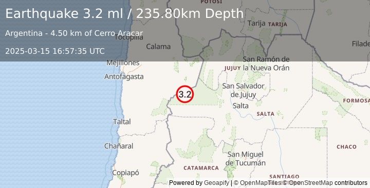 Earthquake SALTA, ARGENTINA (3.2 ml) (2025-03-15 16:57:35 UTC)