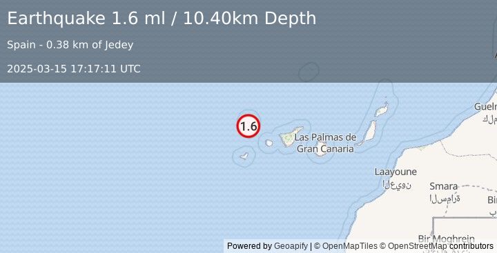 Earthquake CANARY ISLANDS, SPAIN REGION (1.6 ml) (2025-03-15 17:17:11 UTC)