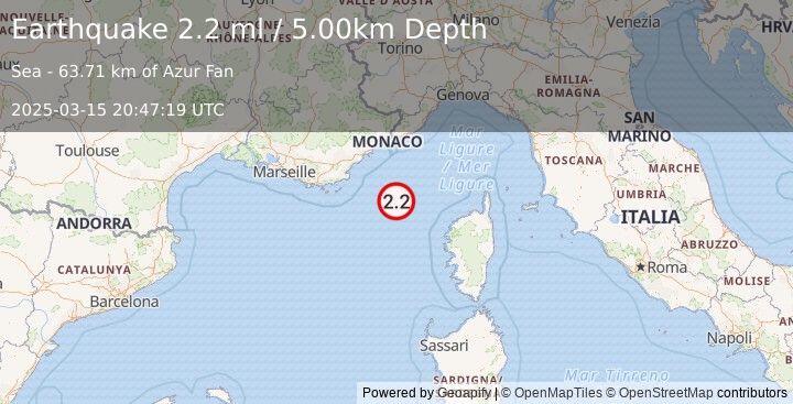 Earthquake NEAR SOUTH COAST OF FRANCE (2.2 ml) (2025-03-15 20:47:27 UTC)