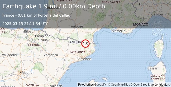 Earthquake PYRENEES (1.9 ml) (2025-03-15 21:11:34 UTC)