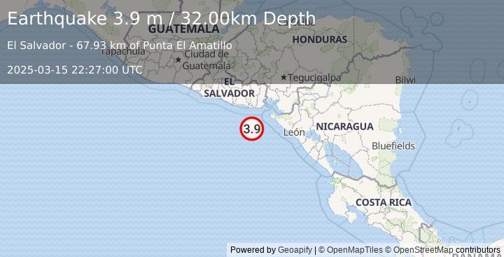 Earthquake OFFSHORE EL SALVADOR (3.9 m) (2025-03-15 22:27:00 UTC)