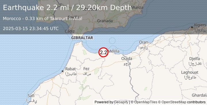 Earthquake STRAIT OF GIBRALTAR (2.2 ml) (2025-03-15 23:34:45 UTC)