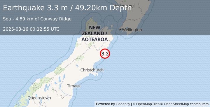 Earthquake SOUTH ISLAND OF NEW ZEALAND (3.3 m) (2025-03-16 00:12:55 UTC)