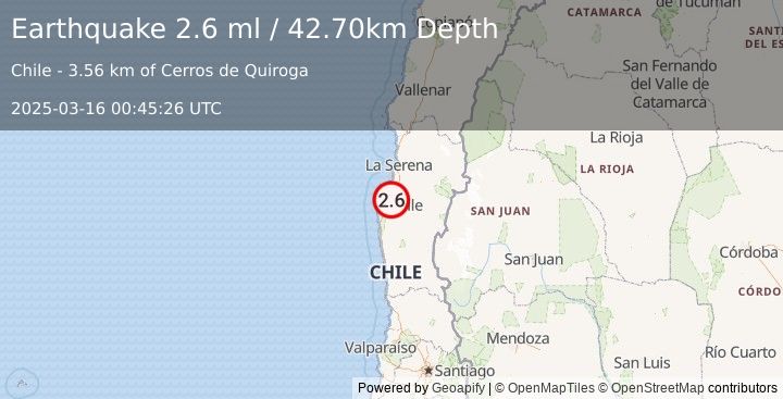 Earthquake COQUIMBO, CHILE (2.6 ml) (2025-03-16 00:45:26 UTC)