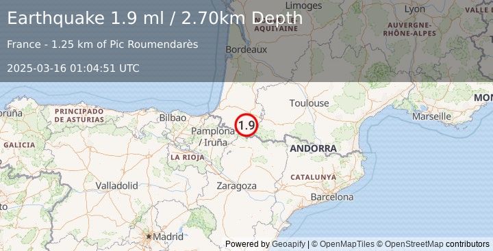 Earthquake PYRENEES (1.9 ml) (2025-03-16 01:04:51 UTC)